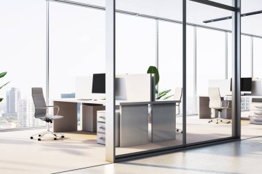 Minimalist mobilyaları ve cam bölmeleri olan parlak modern şirket ofisi, şehir manzaralı arka plan. İş yeri ve iş kavramı. 3B Hazırlama