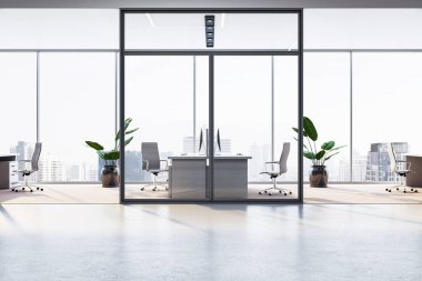 Çağdaş ofis içi cam duvarlı toplantı odası, modern mobilya ve şehir arka planı, iş alanı konseptinin 3 boyutlu oluşturulması