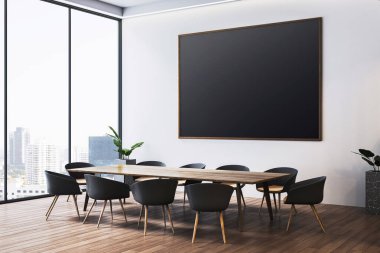 Boş siyah çerçeveli, ahşap masalı ve parlak ofis içi sandalyeli çağdaş toplantı odası. 3B Hazırlama