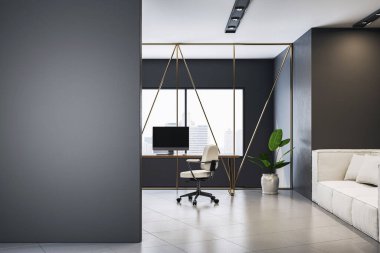Boş gri duvarı, modern mobilyaları ve şehir manzarasına bakan geniş pencereli modern ofis odası, iç tasarım için temiz bir model. 3B Hazırlama