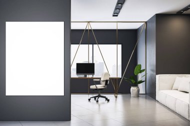 Karanlık duvarında boş poster tasarımı olan çağdaş ofis odası, modern mobilyalar, ev bitkisi ve geniş pencere manzaralı. 3B Hazırlama