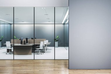 Camdan duvarı olan modern ofis odası, temiz minimalist tarzı, boş gri duvar arkaplanı, iş yeri afişi konsepti sunumu, 3D oluşturma