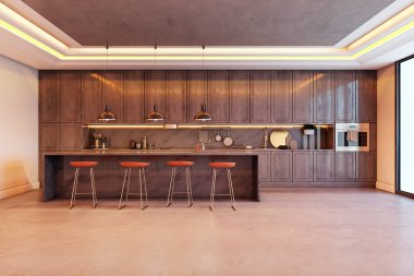 Ahşap dolaplar, mermer ada ve kolye ışıklandırması olan çağdaş mutfak iç mekanı temiz bir iç mekan. Modern tasarım kavramı. 3B Hazırlama