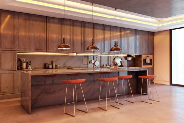 Mermer adanın içinde modern mutfak, ahşap mobilyalar, temiz arka planda sıcak tonlarda bakır ışıklar. Modern yaşam kavramı. 3B Hazırlama