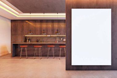Ahşap duvarda boş, dikey bir tuval modeli modern mutfak içinde bar tabureleri, kolye ışıkları ve sıcak arka planı var. 3B Hazırlama