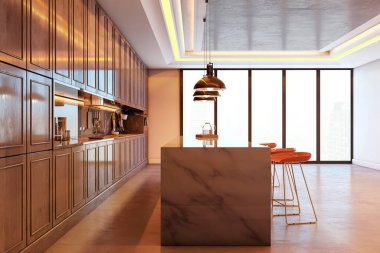 Ahşap mutfak dolapları, mermer ada, modern ışıklandırma, büyük pencereler ve şehir manzarası olan modern mutfak. 3B Hazırlama