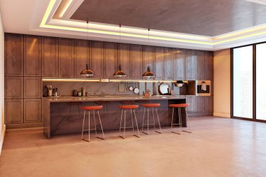 Ahşap dolap, mermer dokular ve parlak, modern pencereli bir odada metal kolye ile dekore edilmiş şık bir mutfak. 3B Hazırlama