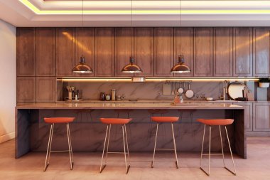 Ahşap dolapları, mermer yüzeyleri, sıcak ışıklandırması ve tarafsız bir zemine karşı parlak mobilyaları olan modern mutfak. 3B Hazırlama