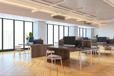 Ahşap zemin, bilgisayar masaları ve şehir manzaralı pencereleri temiz, modern bir binada açık ofis. İş yeri kavramı. 3B Hazırlama