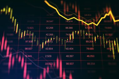 Finansal tabloda kırmızı ve sarı şamdanlar ve aşağı doğru sarı bir ok, karanlık bir zemin, piyasa çöküşü ve durgunluk kavramı. 3B Hazırlama