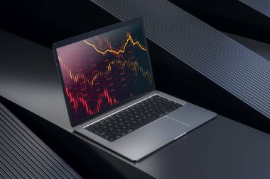 Dizüstü bilgisayar ekranında aşağı doğru kırmızı borsa grafiği ve koyu soyut arkaplan ile sarı trend çizgisi görülüyor. Piyasa çöküşü ve durgunluk kavramı. 3B Hazırlama
