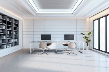 Temiz beyaz duvarları, tavan penceresi, modern mobilyaları ve büyük pencereleri olan çağdaş ofis odası, bir iş alanı konseptini sergiliyor. 3B Hazırlama