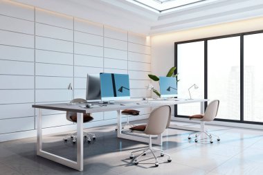Modern masaları, sandalyeleri ve bilgisayarları olan minimalist ofis odası, temiz mimari tarzı, büyük pencereler, iş konsepti, 3D oluşturma