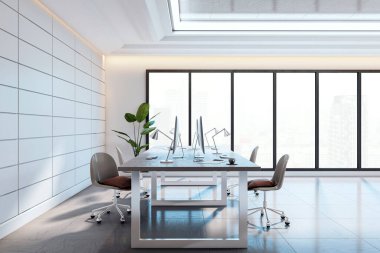 Minimalist mobilya ve aydınlatmalı modern ofis odası, fayanslı zemin, tavan penceresi ve şehir manzaralı arka plan. 3B Hazırlama