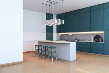 Çağdaş mutfak iç dekorasyonu, deniz mavisi dolapları, kolye aydınlatma ve ada, kapalı arka planda modern tarz. Temiz mimari kavramı. 3B Hazırlama