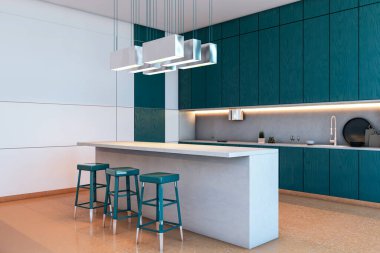 Çağdaş mutfak iç dekorasyonu, deniz mavisi dolapları, kolye ışıkları ve fayanslı zemin zemininde beyaz bir ada. Modern yaşam kavramı. 3B Hazırlama