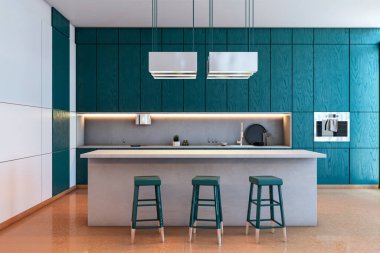 Modaya uygun mutfak iç mimarisi, minimalist tasarım, kolye ışıkları ve modern bir iç mekanda cilalı zemin. 3B Hazırlama