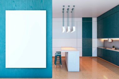 Modern mutfak içlerindeki turkuaz ahşap duvarda çağdaş mobilyalar ve kolye ışıklarıyla boş tuval modeli. 3B Hazırlama