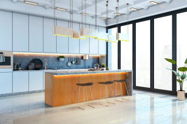 Minimalist tasarımı, parlak yüzeyleri ve gökdelendeki doğal ışıklandırması olan çağdaş mutfak tasarımı. 3B Hazırlama