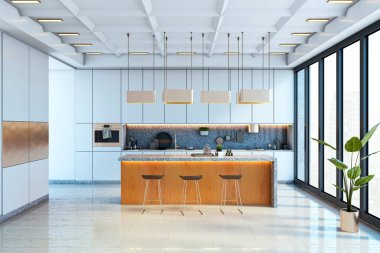 Ahşap adanın içi gösterişli mutfak, kolye ışıkları, ve çağdaş bir gökdelendeki panoramik pencereler. 3B Hazırlama