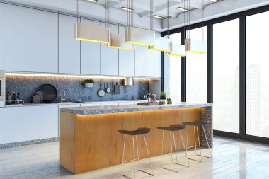 Adanın içinde çağdaş mutfak, parlak yüzeyler, kolye ışıkları, uzun pencerelerden şehir manzarası. Modern ev tasarımı kavramı. 3B Hazırlama