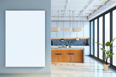 Modern mutfak içerisindeki duvarda boş tuval modeli Ada, tabure ve büyük pencereler, yaratıcı sunum için temiz arka plan. 3B Hazırlama