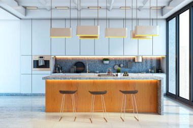 Ahşap, mermer ada, kolye ışıkları ve cam duvardan şehir manzarası olan çağdaş bir mutfak. Modern oda tasarımının 3 boyutlu tasarımı