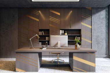 Çağdaş ofis odası geometrik ahşap masa ve duvar dolapları, altın aksanlar, terrazzo zemin ve ortam aydınlatması. 3B Hazırlama