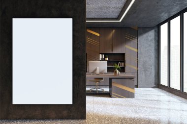 Modern ofis içinde, masa, bilgisayar ve şehir manzaralı pencereli karanlık duvarda boş tuval posteri, sunum veya sunum modeli için mükemmel. 3B Hazırlama