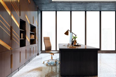 Modern mobilyaları, desenli duvarları ve şehir binalarına bakan tepeden tırnağa pencereleri olan zarif yönetim odası. 3B Hazırlama