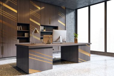Modern mobilyaları olan lüks ofis odası, duvarları ve masası olan ahşap ve altın tasarım elementleri, cam şehir manzaralı arka plan. 3B Hazırlama