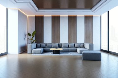 Geniş bir modern salon, geniş bir kanepe, ahşap duvar, panoramik pencereler, ve zarif bina içinde minimalist dekorlar. 3B Hazırlama
