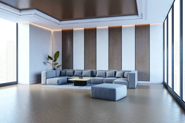 Panoramik pencereli modern salon, minimalist mobilyalar, ahşap duvar panelleri, şehir manzarası arka planı, lüks iş konforu konsepti, 3D sunum