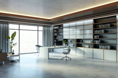 Geniş kitap rafları, modern mobilyalar ve en az çalışma alanı olan panoramik pencereli şık bir ofis. 3B Hazırlama