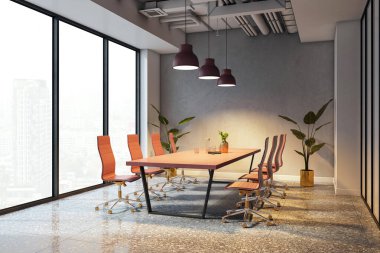 Çağdaş ofis içi turuncu sandalyeler ve dikdörtgen masa, modern kolye ışıkları, büyük pencereler ve saksı bitkileri. 3B Hazırlama