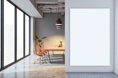 Gri duvarında boş bez çerçeve olan çağdaş ofis odası, modern mobilyalar, büyük pencereler ve şehir manzaralı arka plan. 3B Hazırlama