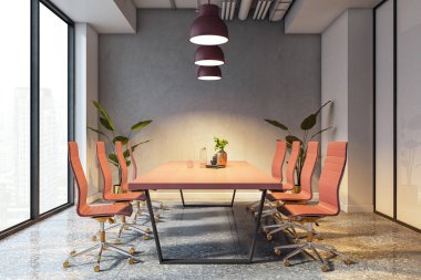 Çağdaş konferans odası, kırmızı sandalyeli ve parlak masalı, kolye ışıklarının altında, modern bir ofis, beton duvar ve şehir manzaralı. 3B Hazırlama