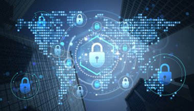 Sanal güvenlik asma kilit simgeleri, dijital pikselli dünya haritası ile şehrin gökdelenleri üzerine hologram tarzında, veri koruma kavramını temsil eden,