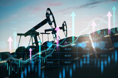 Petrol pompası kriko ve varilleri. Finansal tabloları örtüşüyor, dijital çifte pozlama tarzı, açık arkaplanda. Enerji piyasası büyümesi kavramı