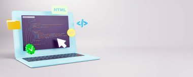 HTML ve JavaScript kodlarını gösteren dizüstü bilgisayar, 3D oluşturma biçiminde kodlama simgeleriyle çevrili, hafif arkaplan üzerinde, veri kodlama kavramı