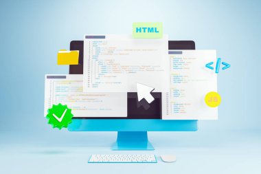 HTML, CSS ve JS kodlarını gösteren programlama arayüzü, açık mavi arkaplan, web geliştirme ve çevrimiçi öğrenme kavramı, 3D Renderleme