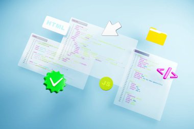 HTML, CSS ve JavaScript kod parçacıkları açık mavi arkaplan üzerinde yaratıcı simgeleri olan, web geliştirme, kodlama ve yazılım arayüzünü temsil eden. 3B Hazırlama