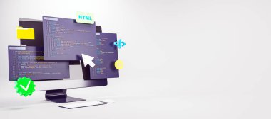 HTML, JS ve kodlama arayüzü elementlerine sahip bilgisayar ekranı, 3D Renderleme, ışık gradyanı arka planı, web geliştirme kavramı