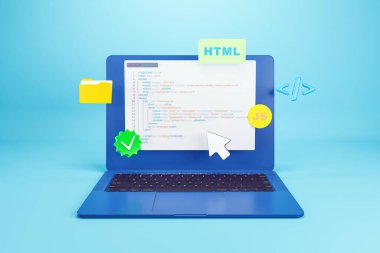 Açık mavi gradyan üzerinde yüzen JS ve dizin simgelerini gösteren HTML kodunu gösteren mavi dizüstü bilgisayar. Web geliştirme arayüzü kavramı. 3B Hazırlama