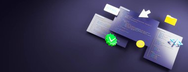 Karanlık bir gradyan arkaplan, yazılım geliştirme konsepti ve web sitesi arayüzü üzerinde üç boyutlu olarak yüzen HTML, CSS ve JavaScript kod blokları. 3B Hazırlama.
