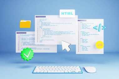 Mavi arkaplan üzerinde HTML, CSS ve JS kodu, beyaz klavye ve fare ile birlikte web kodlama arayüzü oluşturulması, yazılım geliştirme kavramı