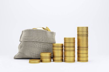Yükselen altın sikkeler bir kumaş para çantasının yanına istiflenmiş, 3D rending tarzı, hafif bir gradyan arka plan, yatırım ve tasarruf kavramı