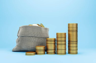 Tam para çantasının yanına yığılmış altın paralar, 3 boyutlu olarak hazırlanmış, açık mavi eğimli arka plan, tasarruf ve büyüme kavramı üzerine yerleştirilmiş. 3B Hazırlama.