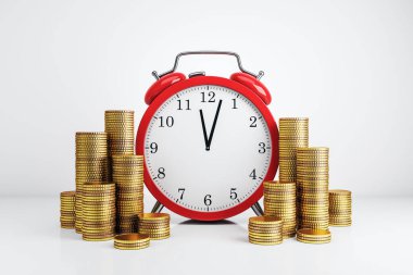 Kırmızı alarmlı saat ve arka planda altın para yığınları, iş ve finans için soyut zaman ve para kavramı. 3B Hazırlama
