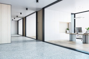 Geniş modern ofis içi cam bölümler, parlak mobilyalar ve parlak ışıklandırma ile cilalı beton zemin üzerinde iş konsepti için. 3B Hazırlama